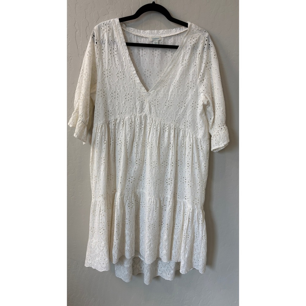 Sundance White Cotton Eyelet Tiered Babydoll Dress Womens V-Neck Boho Sz L